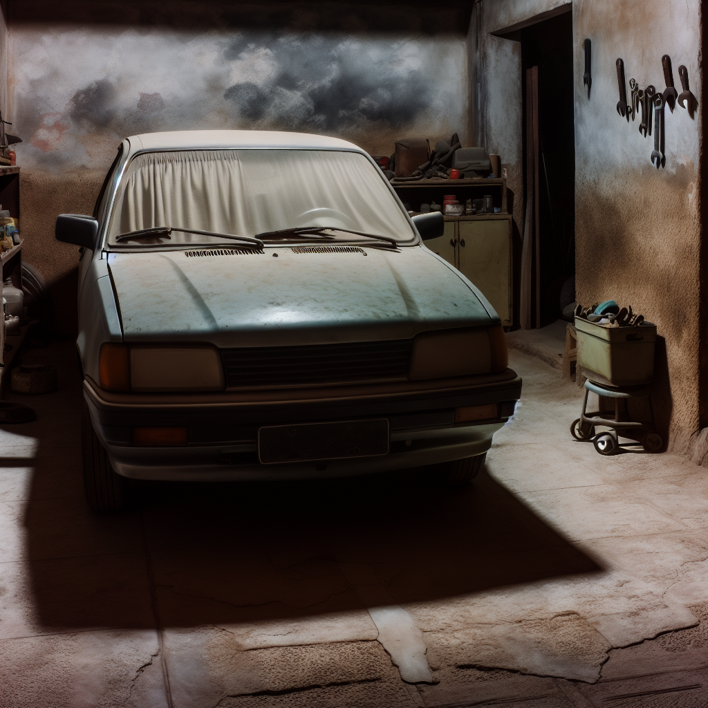 A tired looking car in a garage