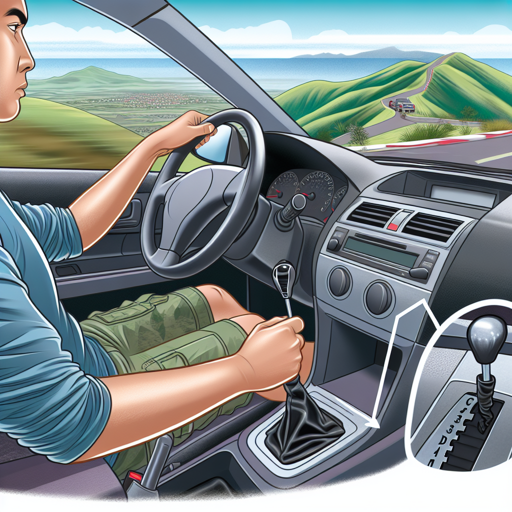 Image demonstrating proper engine braking technique, showing a driver shifting to a lower gear while driving down a hill.