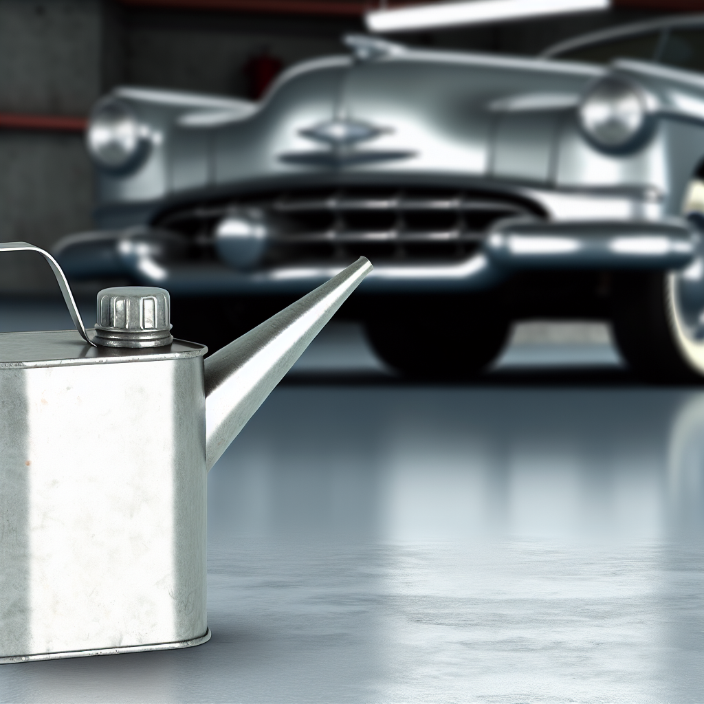 An oil can in the foreground with a vintage car in the background