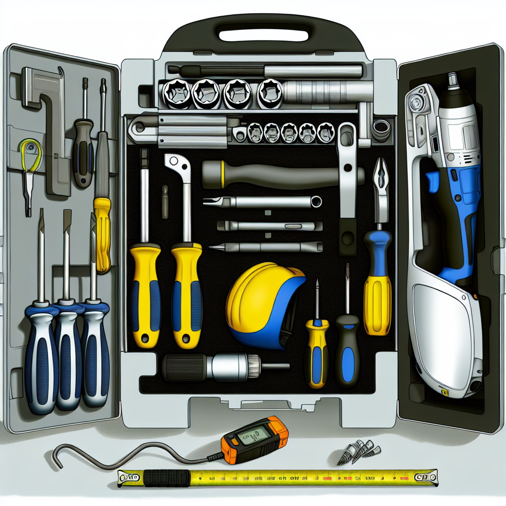 Essential tools for DIY car repairs, specifically for replacing car doors and panels, displayed on a tool kit.