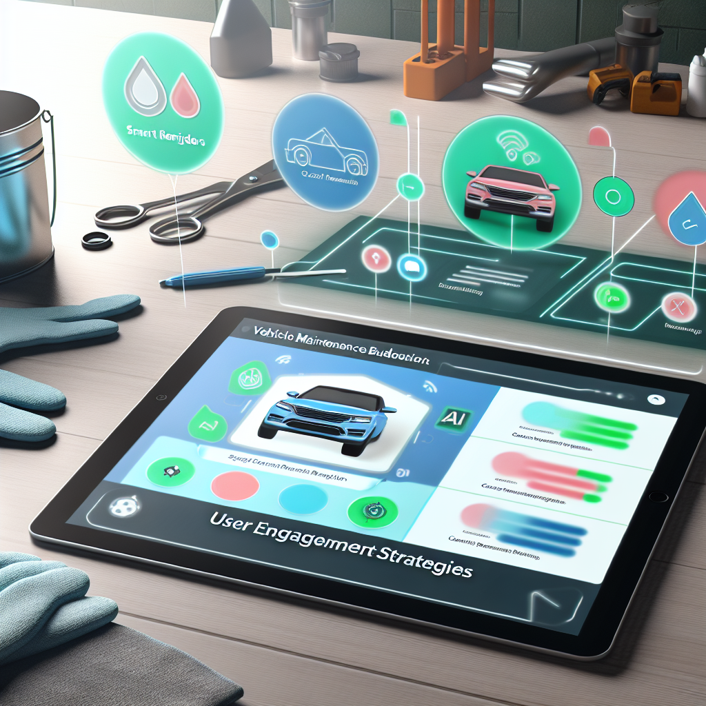 User engagement strategies for budgeting apps, showcasing features like AI suggestions and cost-tracking functionalities for vehicle maintenance