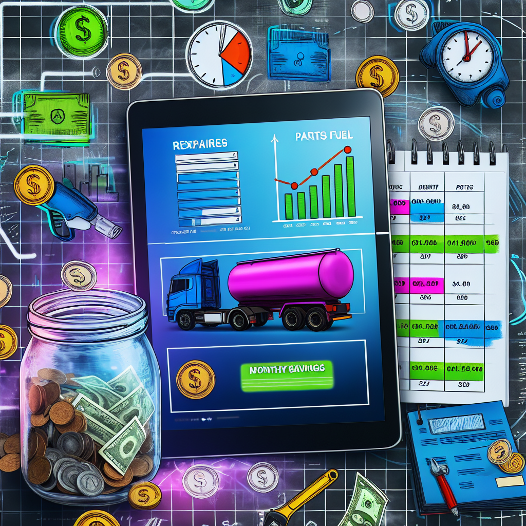 A visual representation of budgeting strategies for truck maintenance, showing monthly savings, apps for tracking expenses, and a calendar highlighting seasonal fuel price fluctuations
