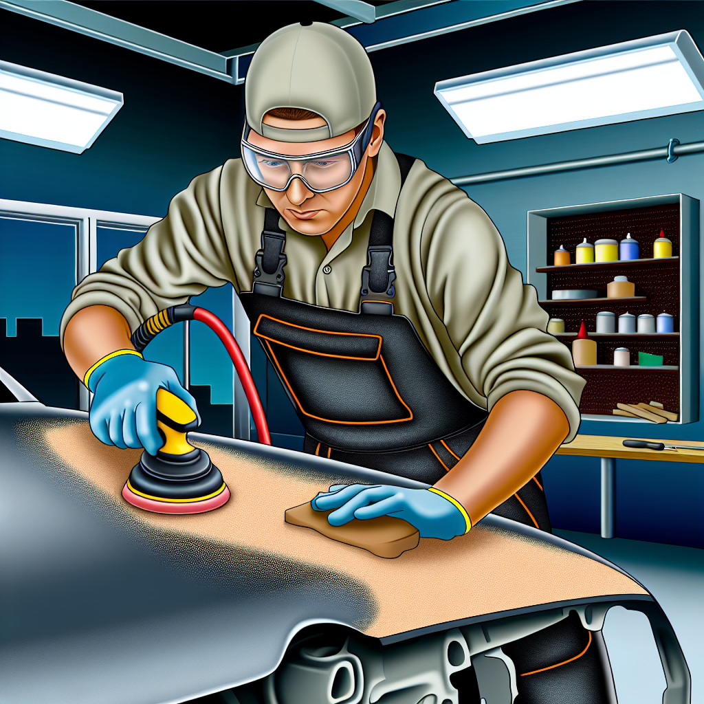 Person wet-sanding a car scratch, demonstrating proper technique and safety gear