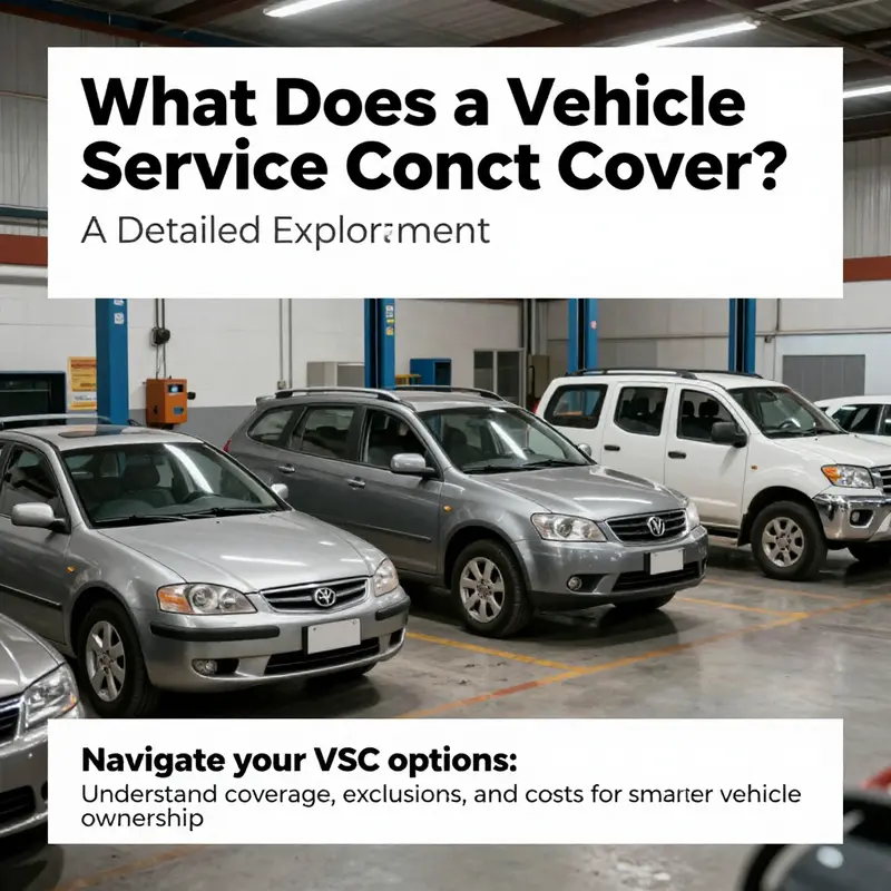 An image showing various types of vehicles in a repair shop, illustrating the relevance of vehicle service contracts for different car owners.