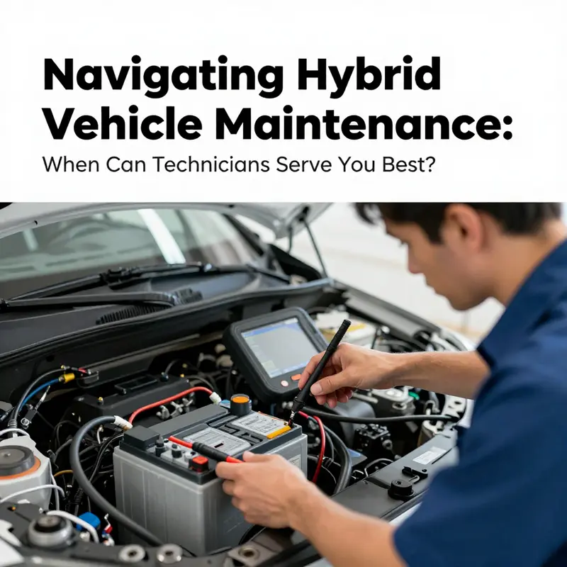 A technician servicing a hybrid vehicle with attention to routine maintenance tasks.