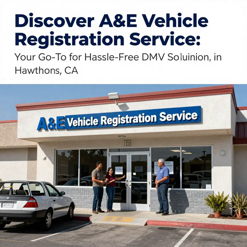 The front view of A&E Vehicle Registration Service with happy customers and the building exterior.