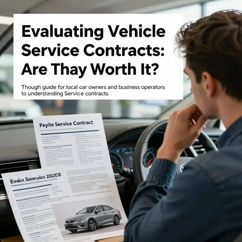 A car owner deliberating at a dealership with vehicle service contract information in hand.