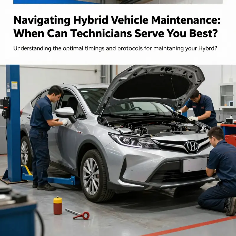 A hybrid vehicle surrounded by automotive tools and technicians, representing the maintenance process.