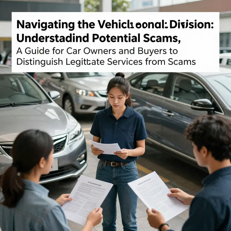 A diverse array of people interacting with vehicles and service options, symbolizing awareness against potential scams.