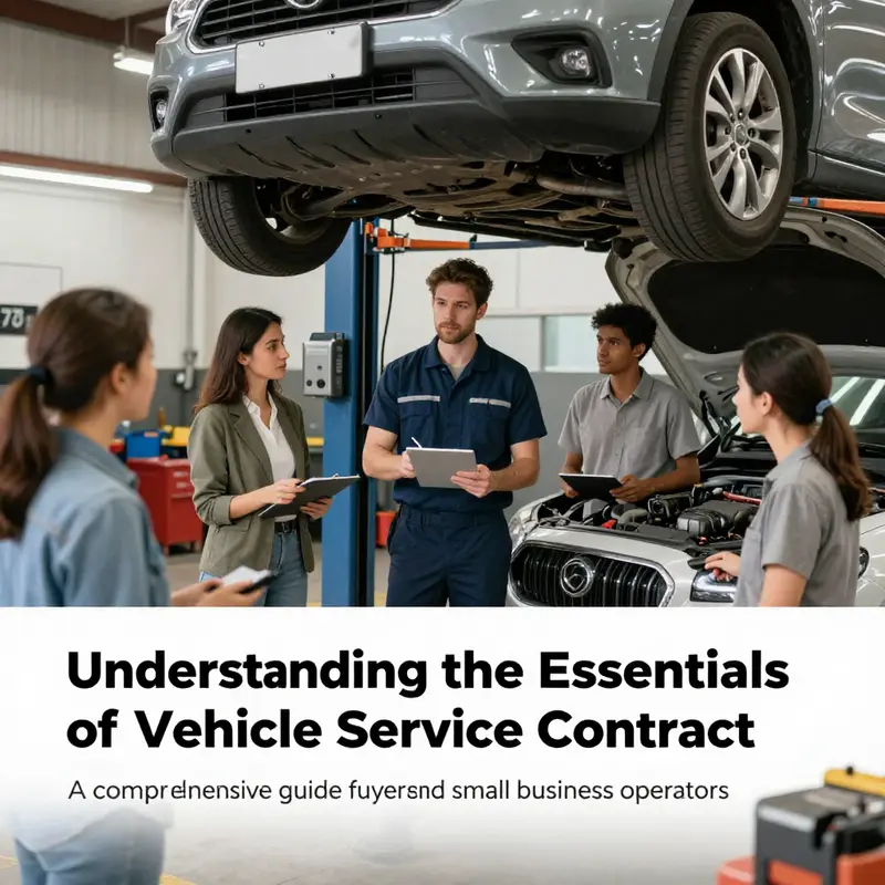 A workshop scene depicting car owners and service providers discussing vehicle maintenance contracts.