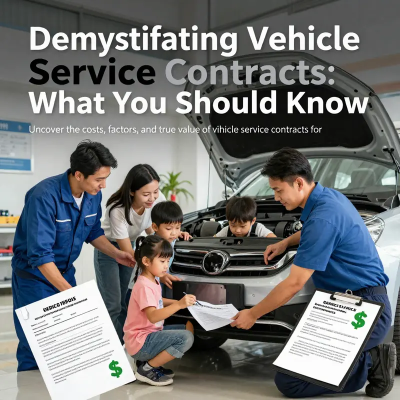 An image depicting a family car and a mechanic with visual symbols of service contracts and savings.