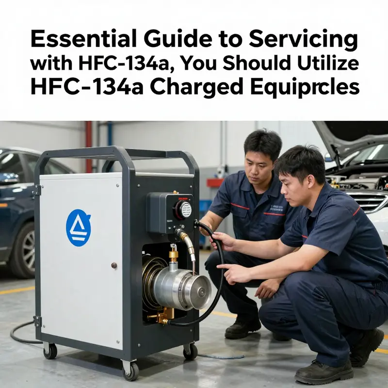 A technician demonstrating the proper handling of HFC-134a refrigerant in an automotive service environment.