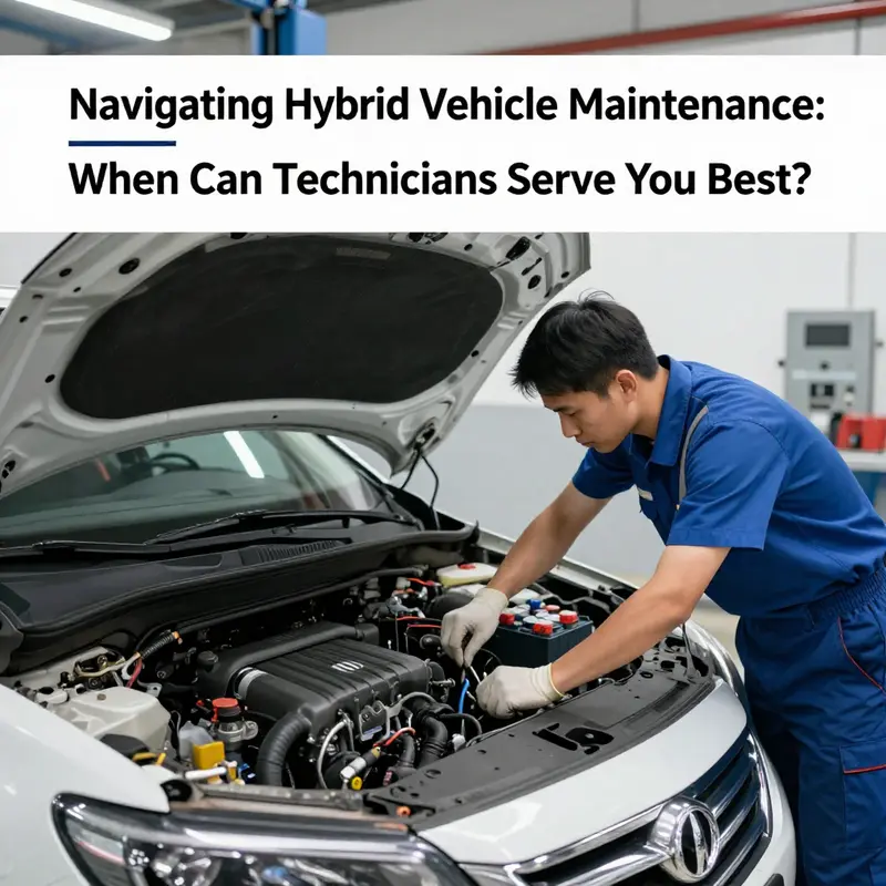A technician servicing a hybrid vehicle with attention to routine maintenance tasks.