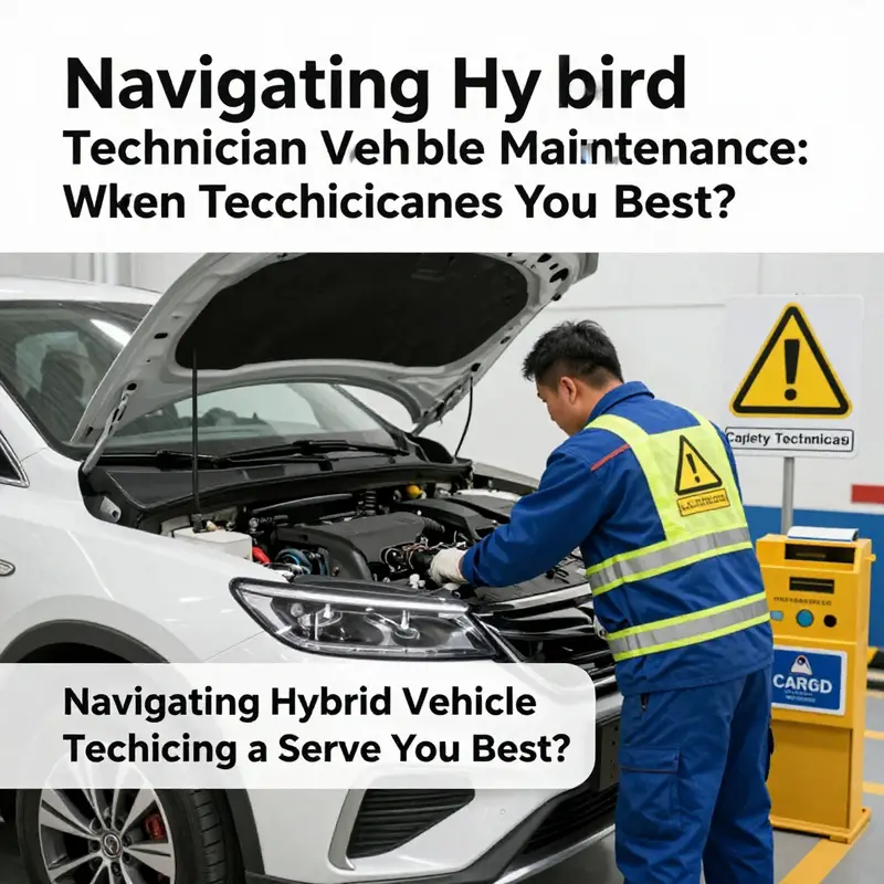A technician servicing a hybrid vehicle with attention to routine maintenance tasks.