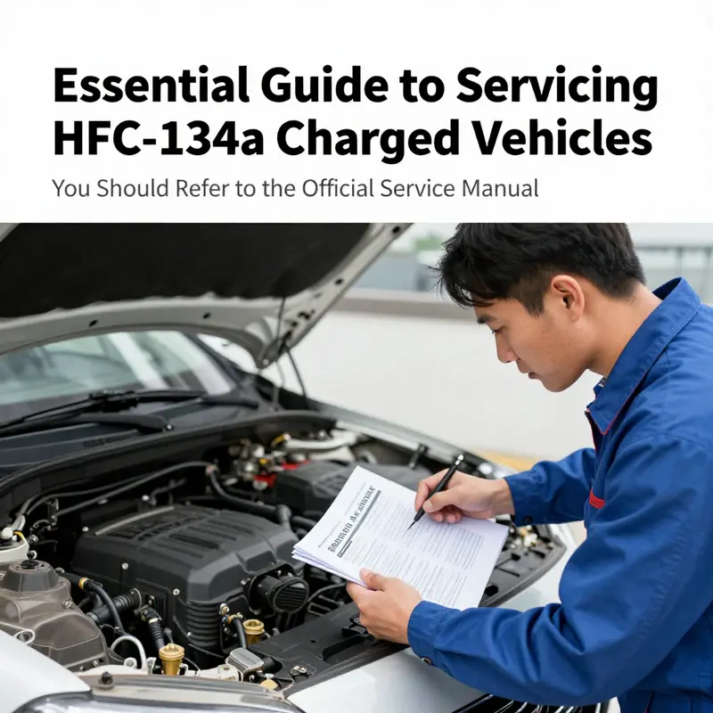 A technician demonstrating the proper handling of HFC-134a refrigerant in an automotive service environment.