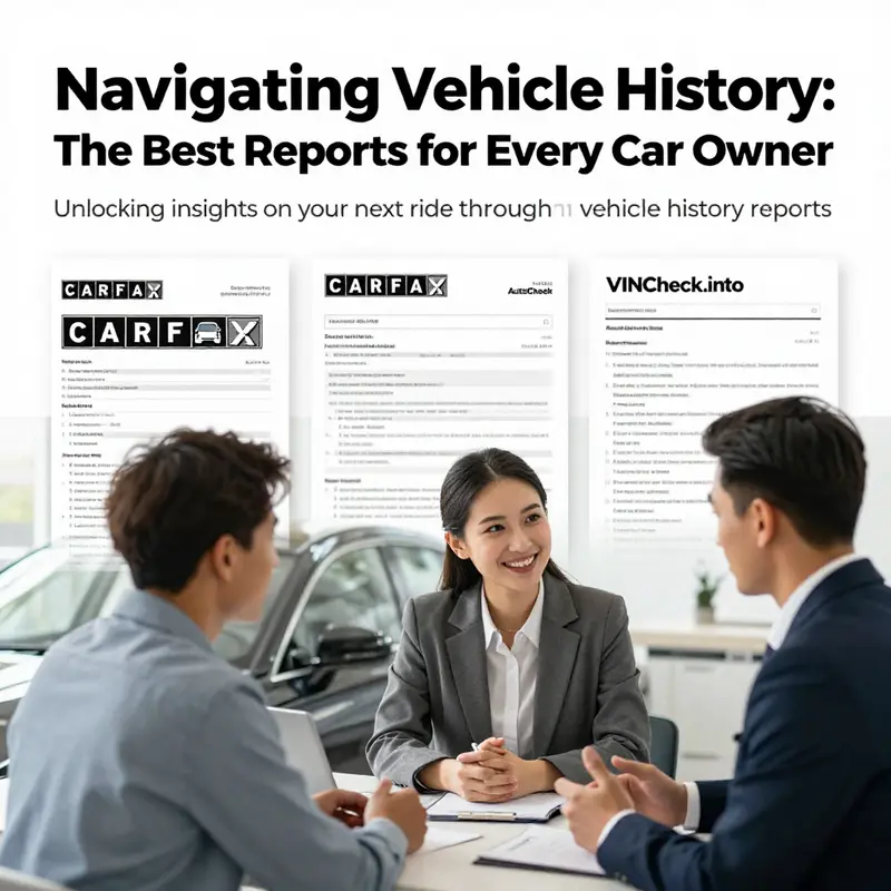 Collage of vehicle history reports alongside a buyer consulting with an expert about a car's history.