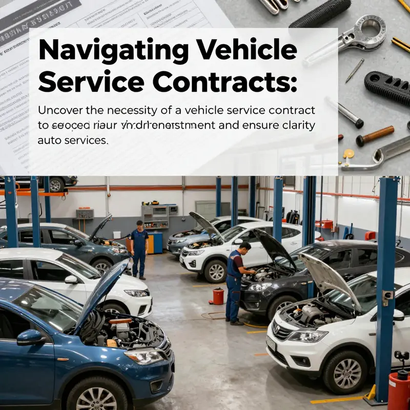 Auto repair shop bustling with activity and service contracts in focus, depicting the essence of vehicle service agreements.