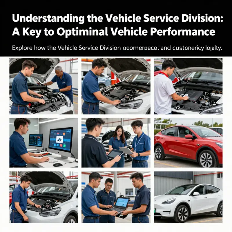 A collage illustrating the comprehensive functions of the Vehicle Service Division, including maintenance, technology, and customer satisfaction.