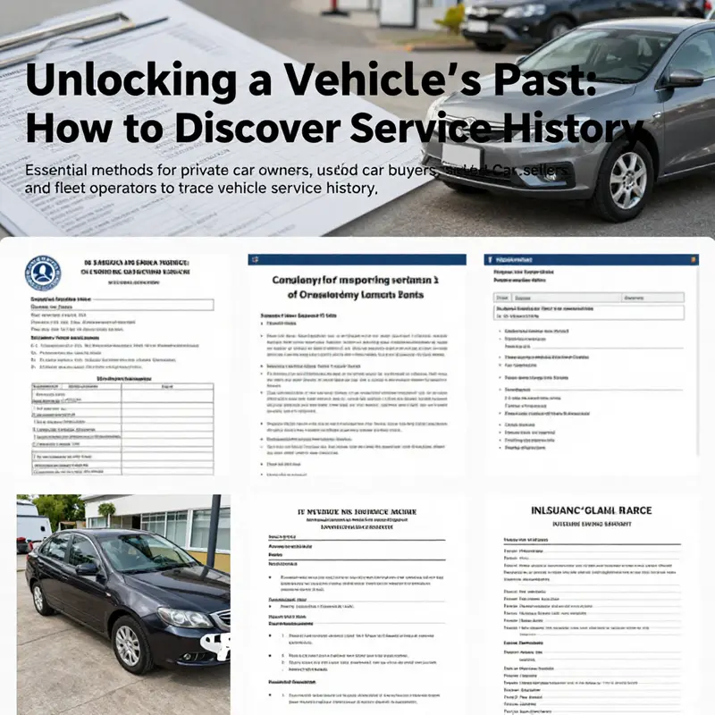 A collage of various vehicle service history documentation from dealerships, third-party reports, and insurance claims.