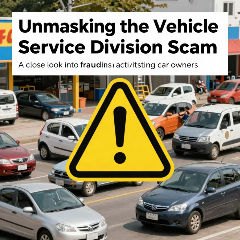 An illustration showing various vehicles at risk from scams, highlighting the theme of vehicle service division fraud.
