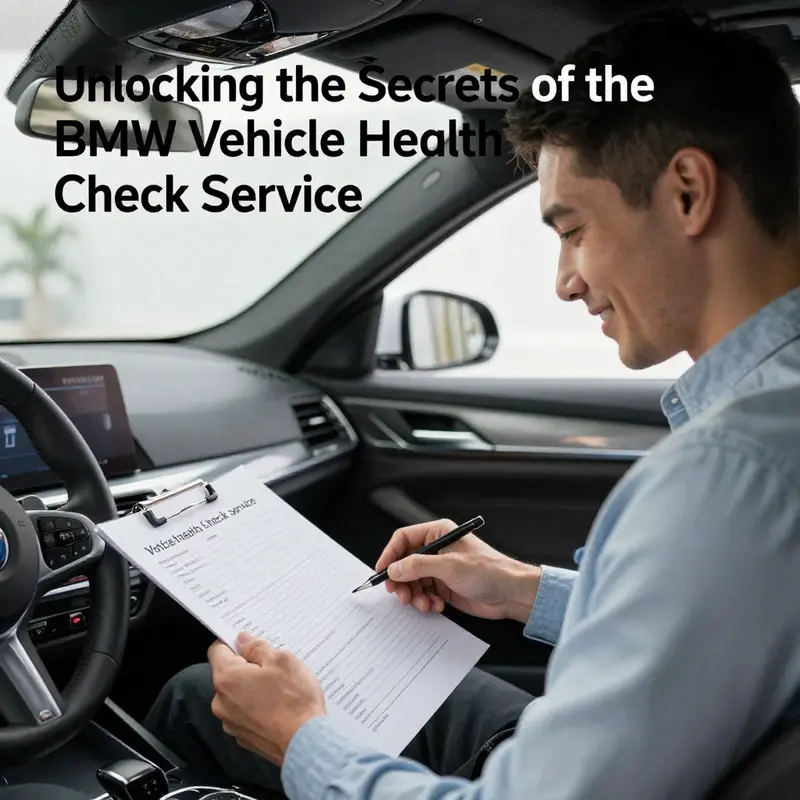 Mechanics conducting a thorough inspection of a BMW vehicle, emphasizing the detailed nature of the Vehicle Health Check service.