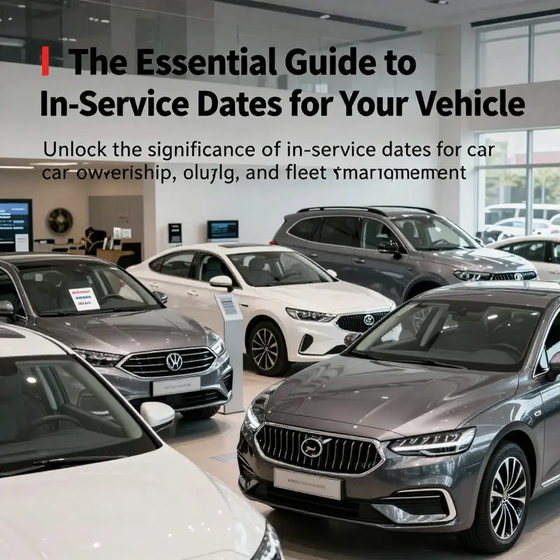 Car showroom display showing different vehicles with tags indicating their in-service dates.