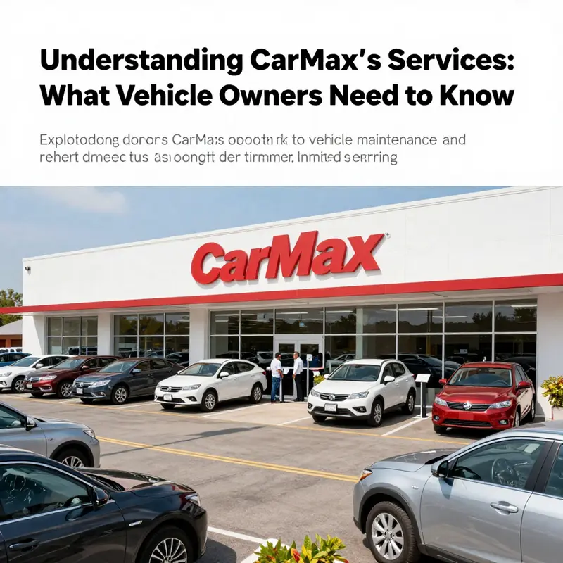 A sunny exterior view of a CarMax dealership full of cars and customers engaging with staff.
