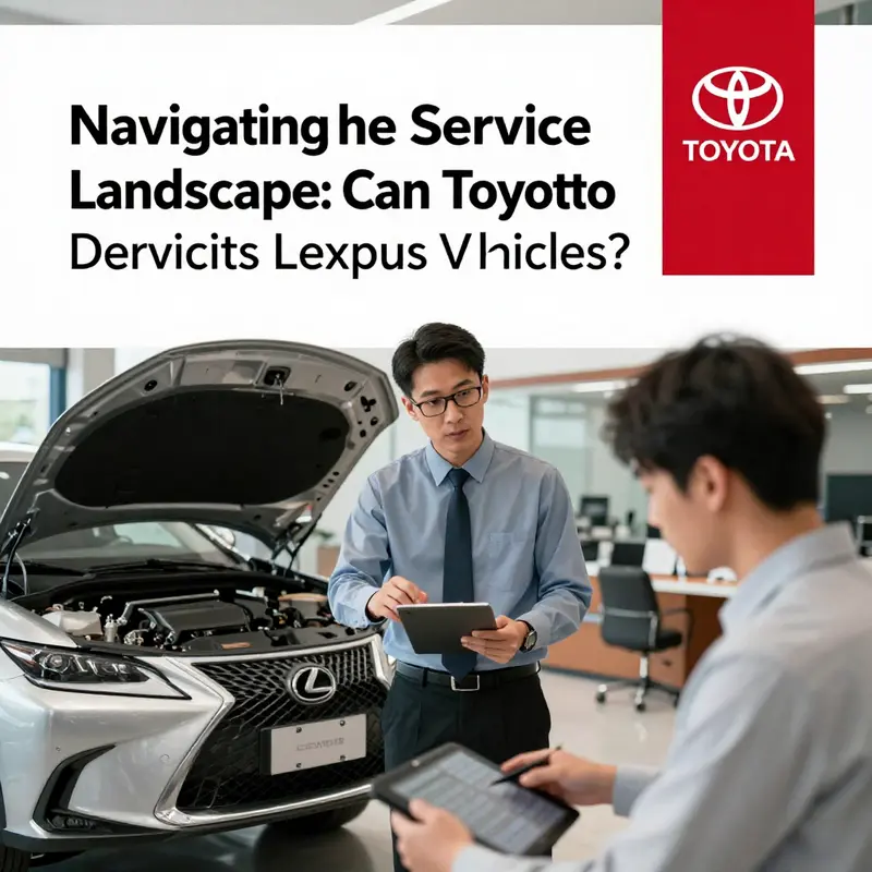 A Toyota dealership servicing a Lexus vehicle, demonstrating interbrand service capabilities.