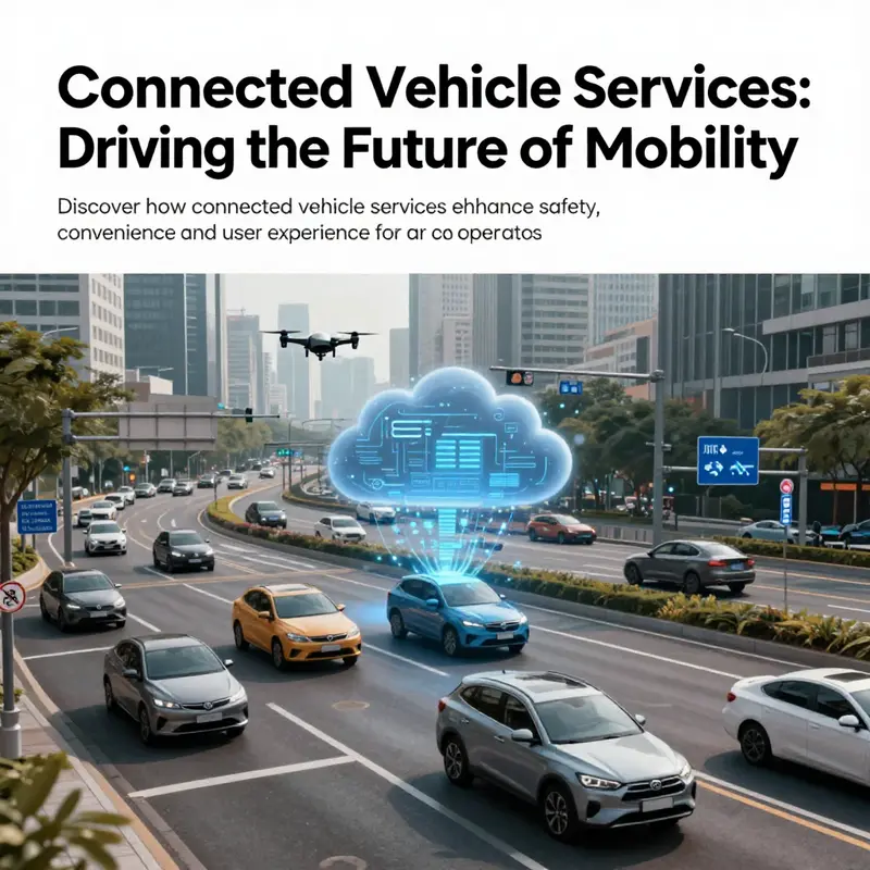 A vibrant city scene depicting connected vehicles interacting with smart infrastructure, representing the future of urban mobility.