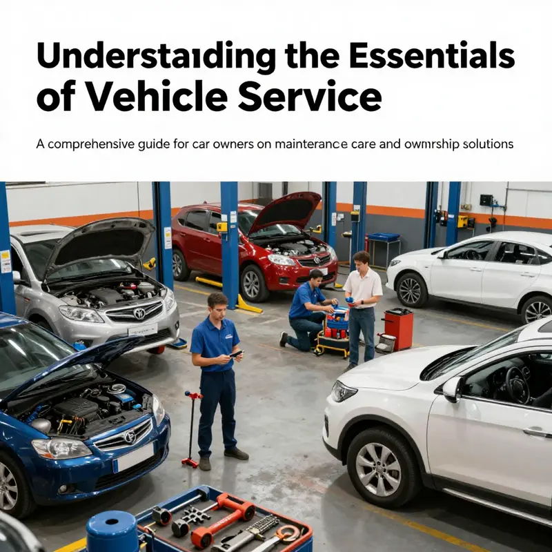 An auto service area with mechanics working on vehicles, tools displayed, and customers interacting with service staff.