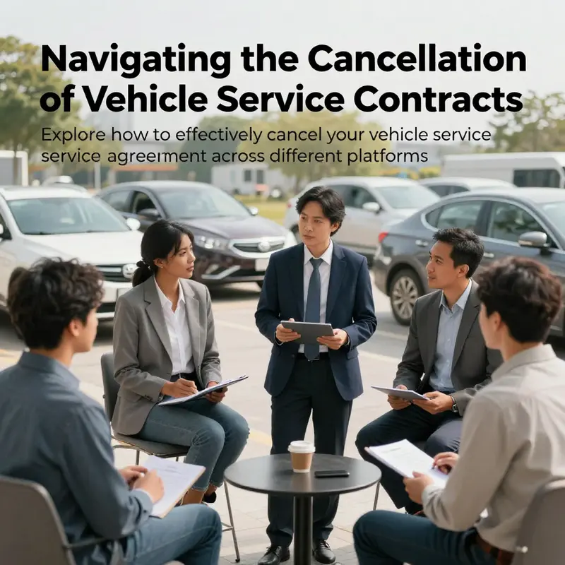 A diverse group of individuals contemplating vehicle service contracts in an automotive environment.