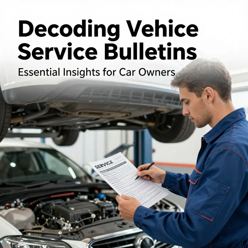 A mechanic working on a vehicle under a service lift while consulting a service bulletin.