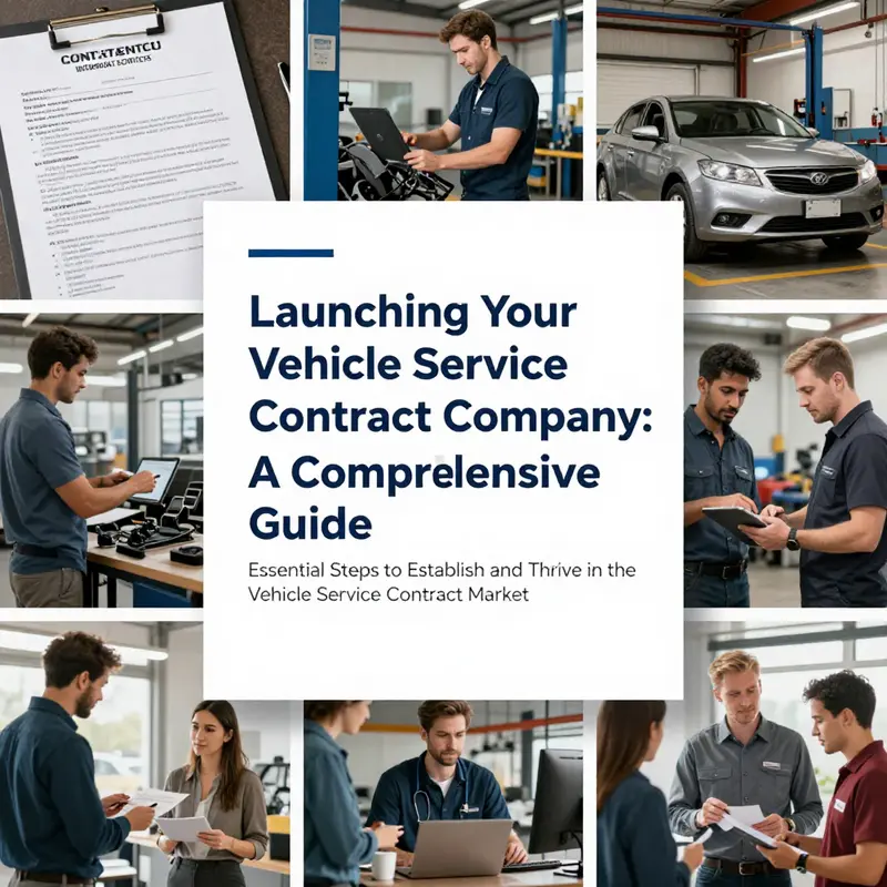 A collage illustrating different dimensions of a vehicle service contract business, encompassing contracts, automotive services, and target audiences.