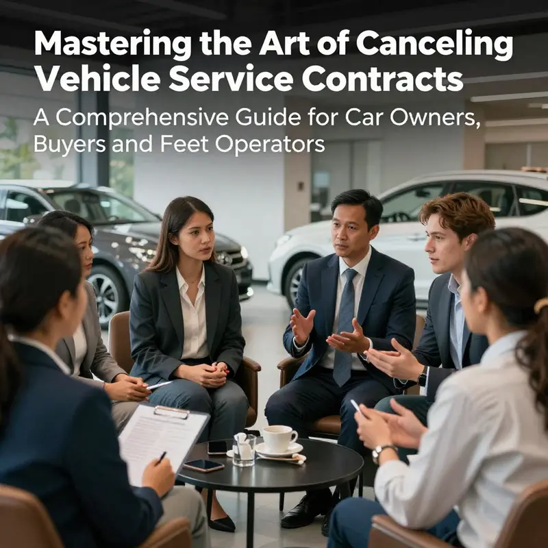 A diverse group of car owners and business operators collaborating on vehicle service contract issues.