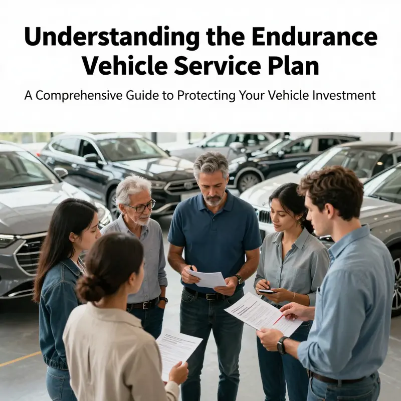 A group of people examining vehicle service plans together, representing the community benefits of the Endurance Vehicle Service Plan.