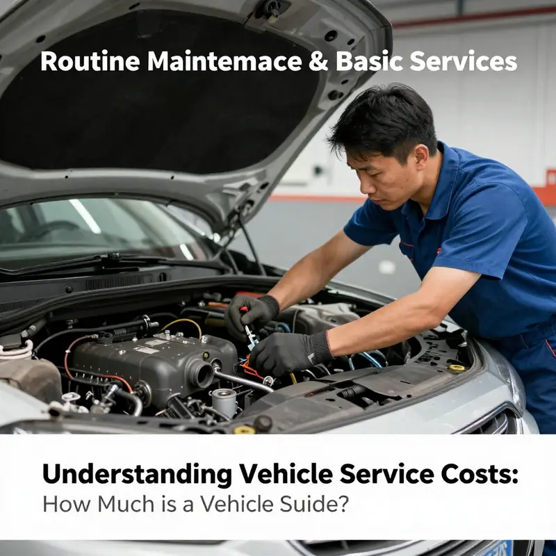 Mechanic performing routine maintenance on a car, highlighting basic service costs.