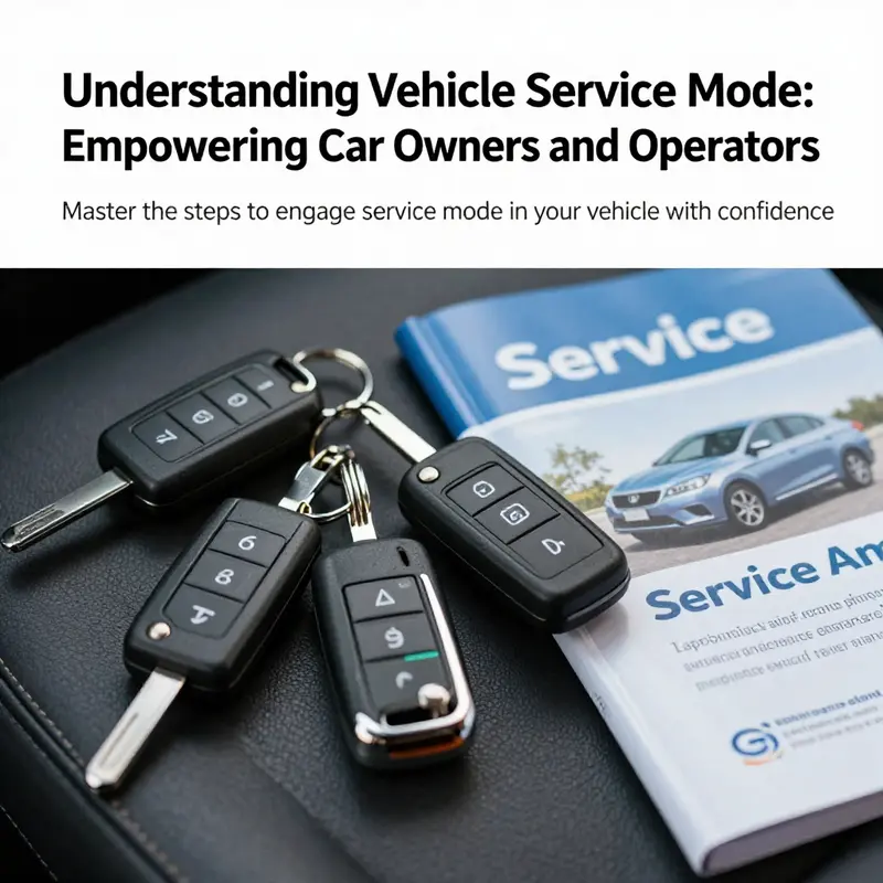 Various vehicle keys with a service manual underscoring the theme of vehicle service modes.