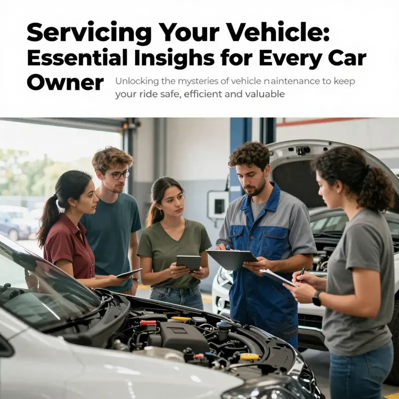 A diverse group of car owners and a mechanic conversing about the significance of regular vehicle servicing.