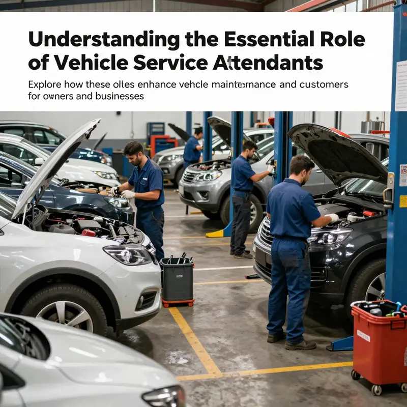 A lively automotive workshop highlighting the activities of Vehicle Service Attendants working diligently on different vehicles.
