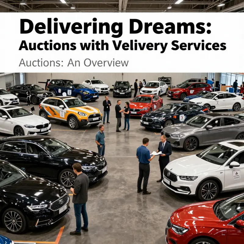 An overview of an auction house with delivery options available for vehicle buyers.