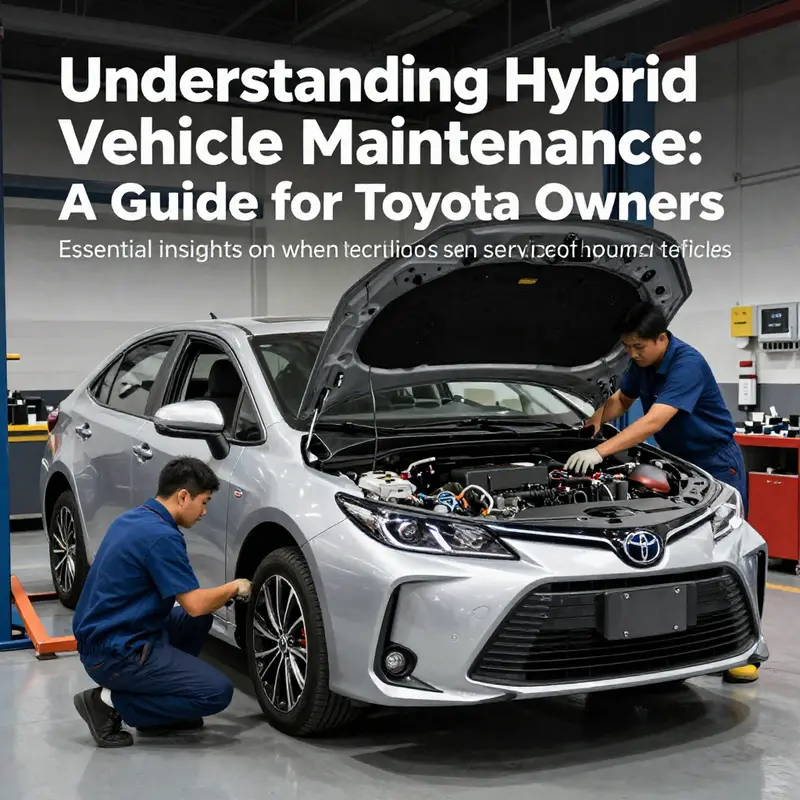 A Toyota hybrid vehicle being serviced by technicians in a professional environment, emphasizing maintenance.