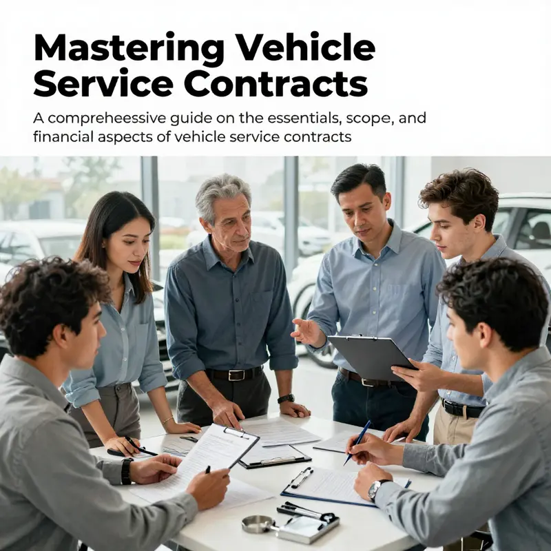 An image featuring car owners and fleet managers discussing a vehicle service contract, with document analysis and vehicle maintenance themes.