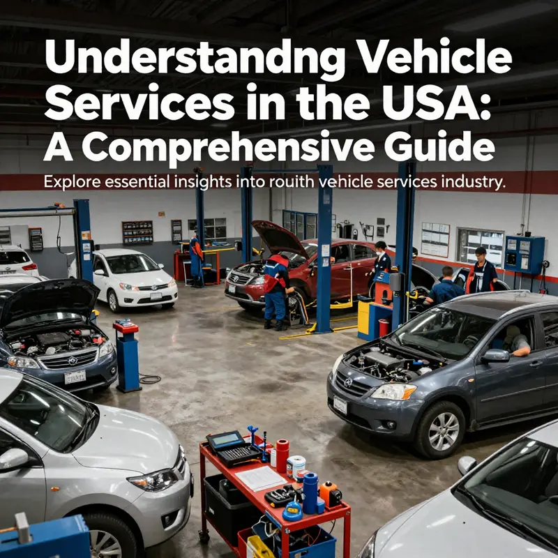 An automotive service station with mechanics and various vehicles undergoing maintenance and repairs.