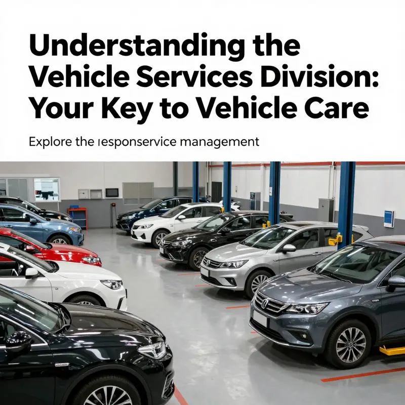 A busy automotive service center filled with vehicles being serviced, symbolizing the comprehensive functions of the Vehicle Services Division.