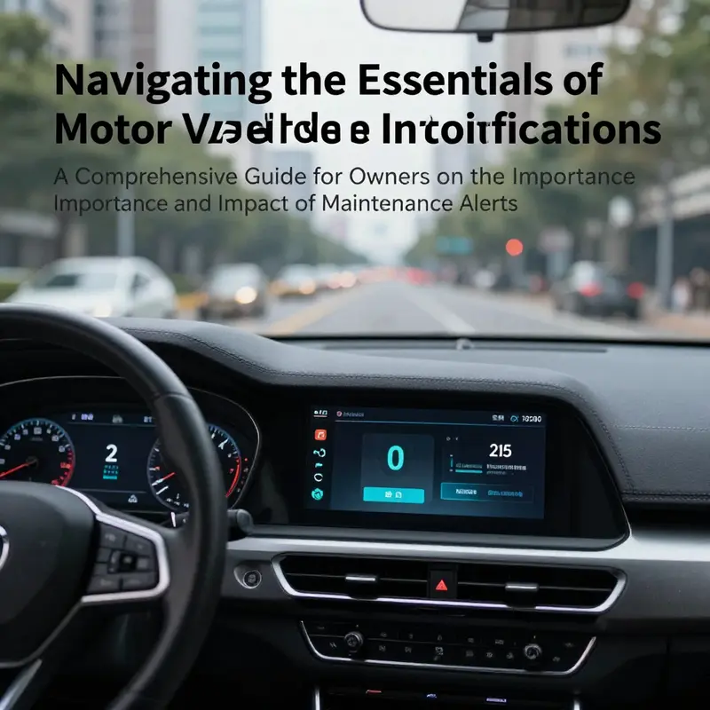 Modern car dashboard displaying various service notifications with a cityscape in the background.