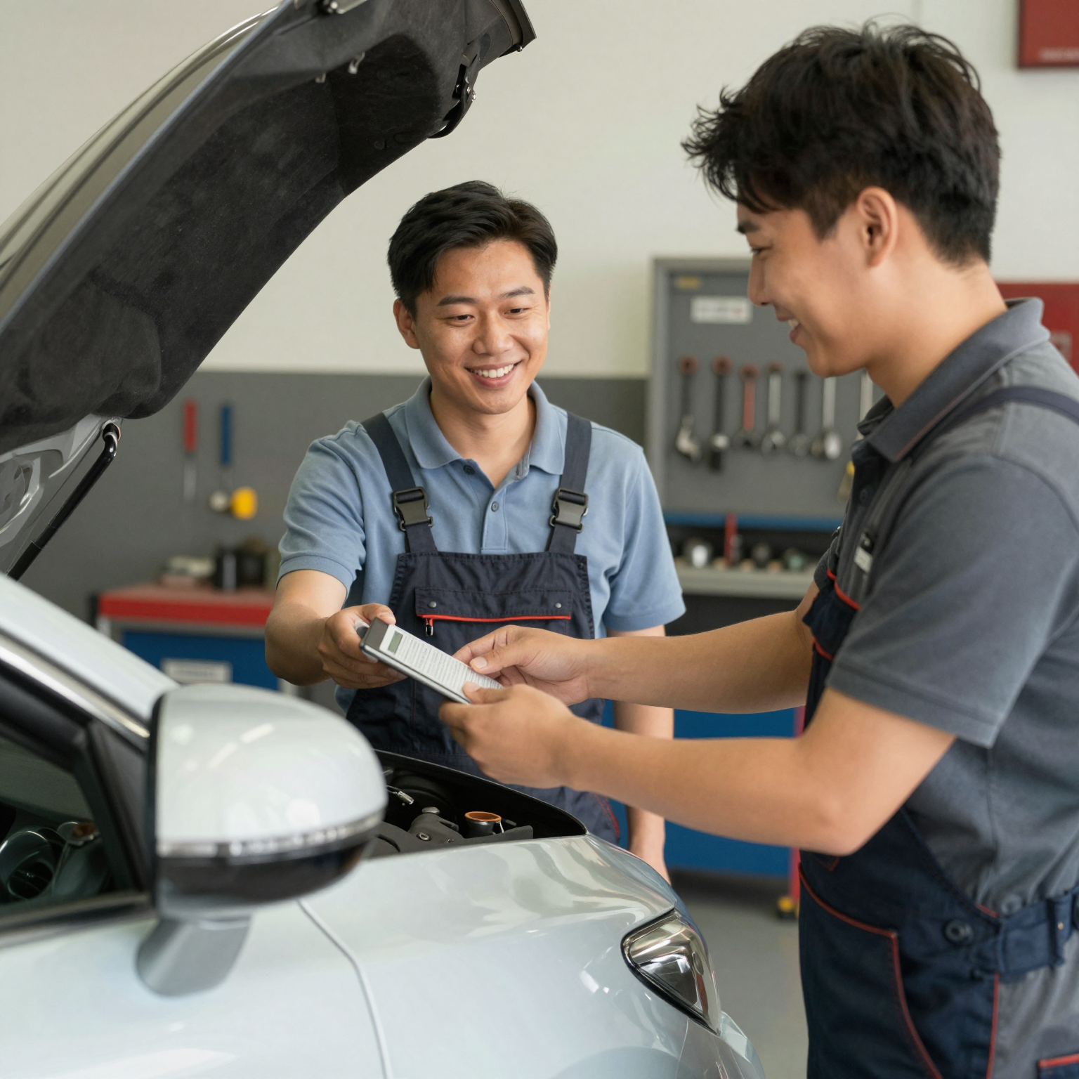 A satisfied customer receiving vehicle services with a friendly mechanic in a car service center.