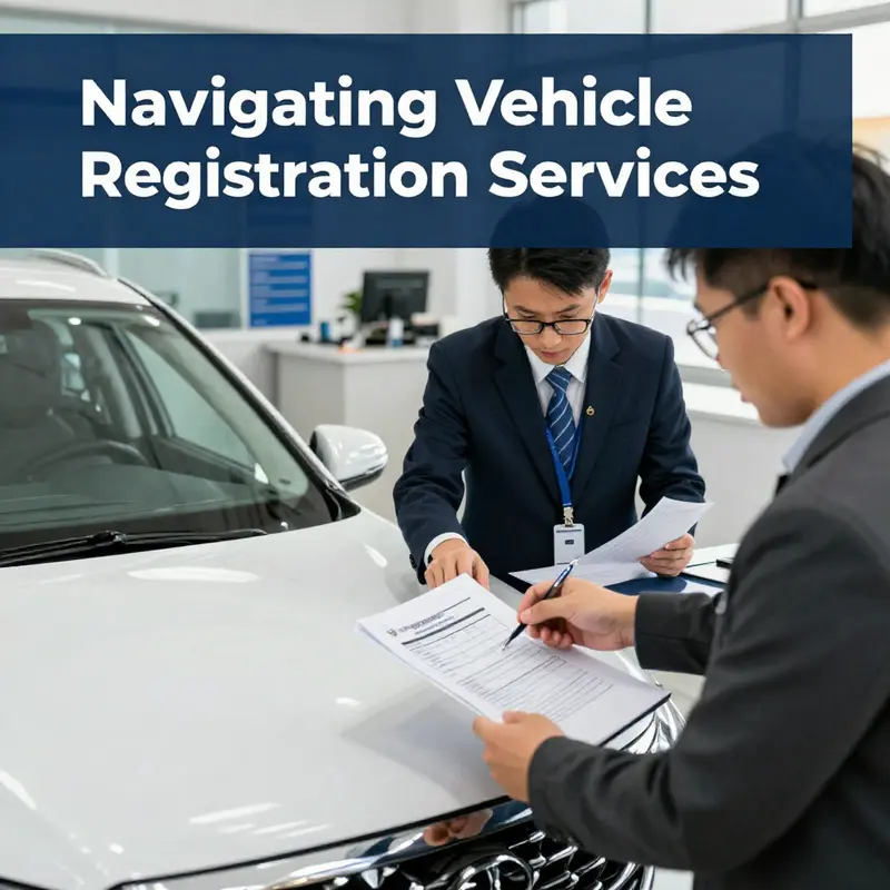 Employees assisting customers in registering their new vehicles at the registration office.