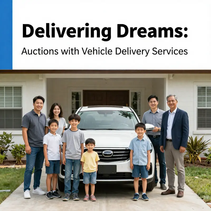 An overview of an auction house with delivery options available for vehicle buyers.