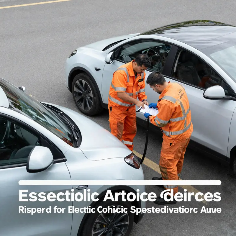 Technicians inspecting the battery and powertrain of an electric vehicle in a modern workshop.