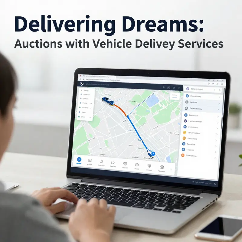 An overview of an auction house with delivery options available for vehicle buyers.